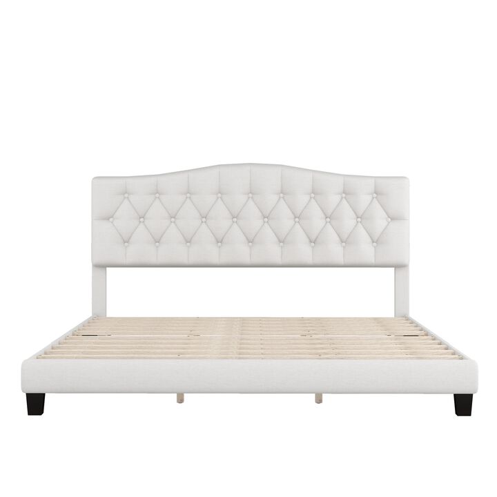 Cody King Size Platform Bed with Diamond Button Tufted Headboard, Beige - Benzara