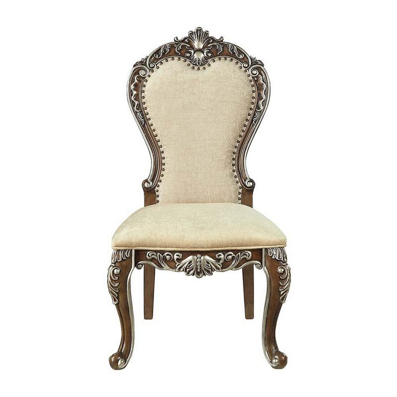24 Inch Side Dining Chair, Set of 2, Vintage Oak Brown, Beige Chenille - Benzara