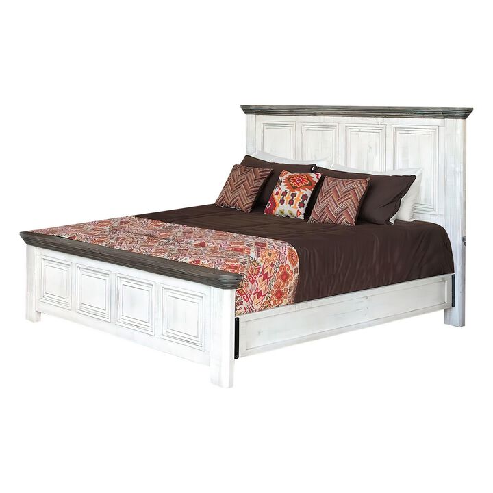 Feyi King Size Bed, Clean Rustic Headboard and Footboard, White, Gray - Benzara