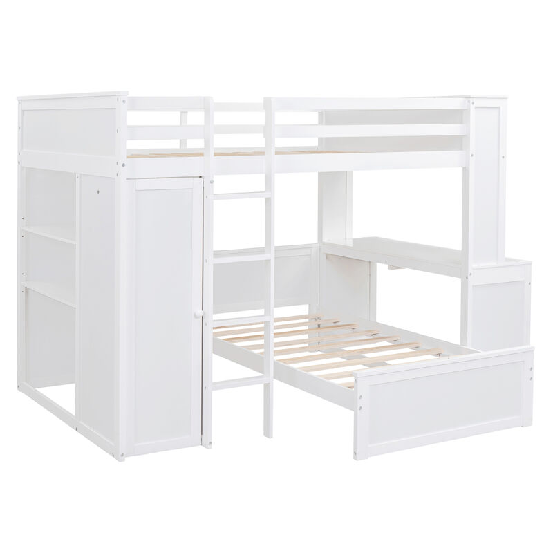 Full Size Loft Bed With A Twin Size Stand-Alone Bed, Shelves, Desk, And Wardrobe