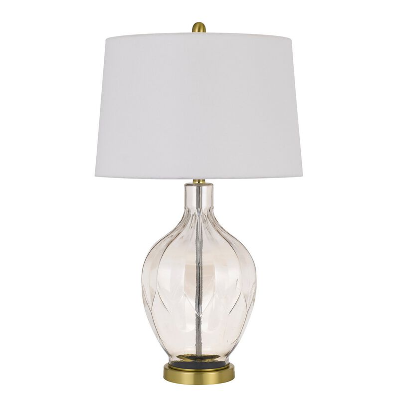 29 Inch Glass Table Lamp with Dimmer, Round, Clear and Brass-Benzara