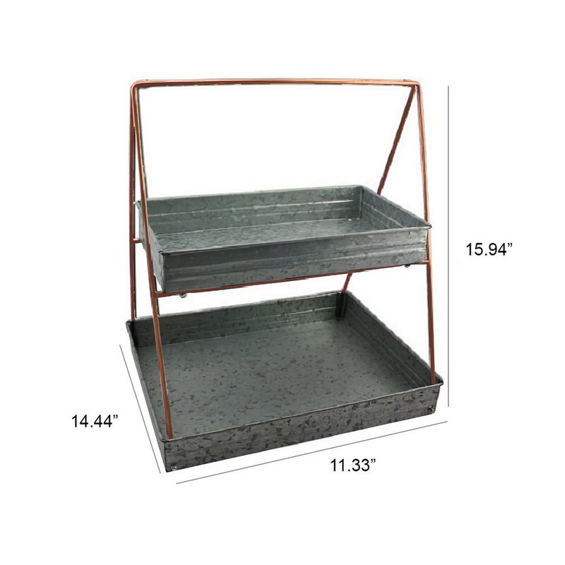 Galvanized Metal 2 Tiered Rectangular Serving Tray, Gray-Benzara