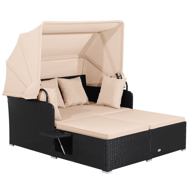 Patio Rattan Daybed with Retractable Canopy and Side Tables