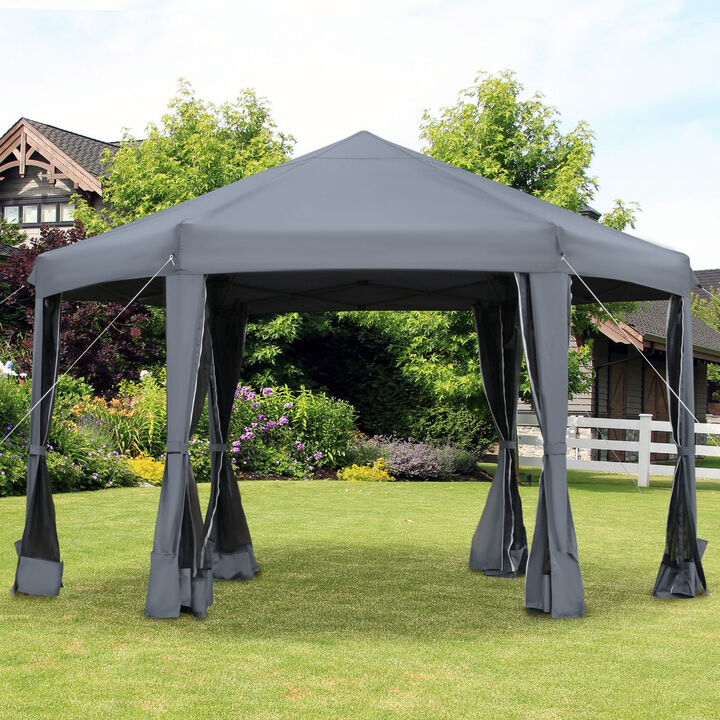 Grey Outdoor Shelter: 13'x13' Heavy Duty Hexagonal Pop Up Canopy with Mesh Walls