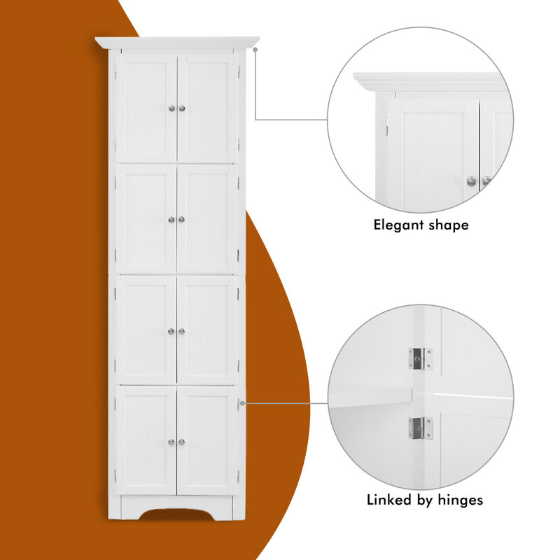 Modern White Tall Storage Cabinet with Doors and 4 Shelves