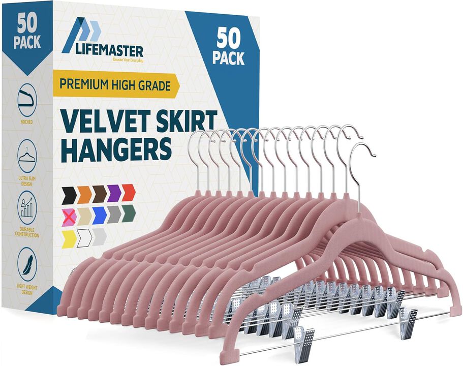 Velvet Skirt Hangers – with Adjustable Clips, 360 Degree Swivel Hook, and Non-Slip Shoulder Notch, Holds Up to 10 lbs, for Organizing Skirt, Pants, Dress, and Clothes, Pack of 50, Green