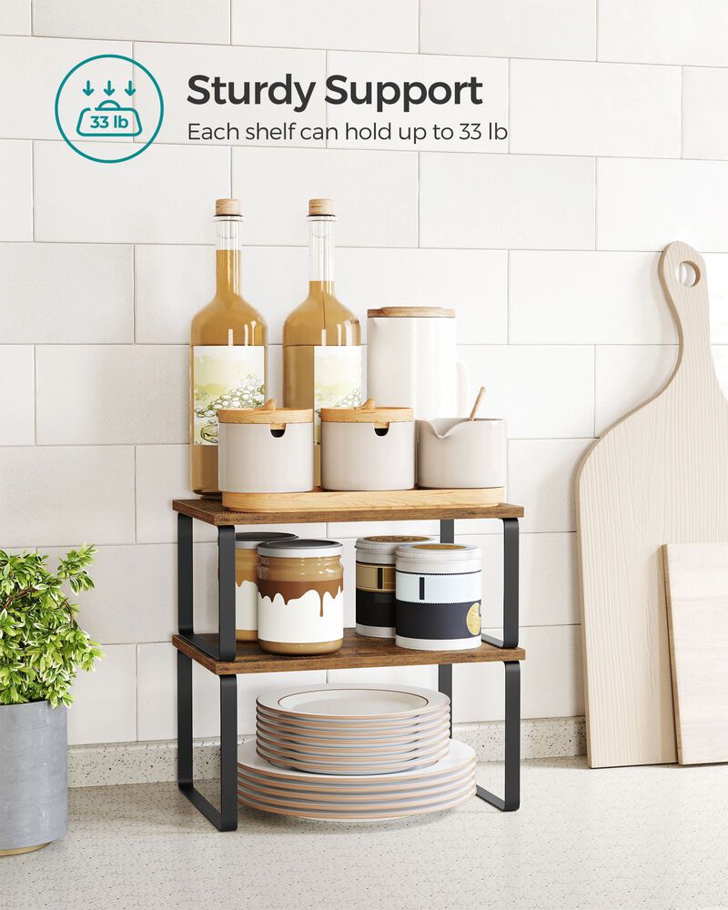 Expandable and Stackable Cabinet Shelf Organizer – Metal and Bamboo Kitchen Counter Shelves, Set of 2