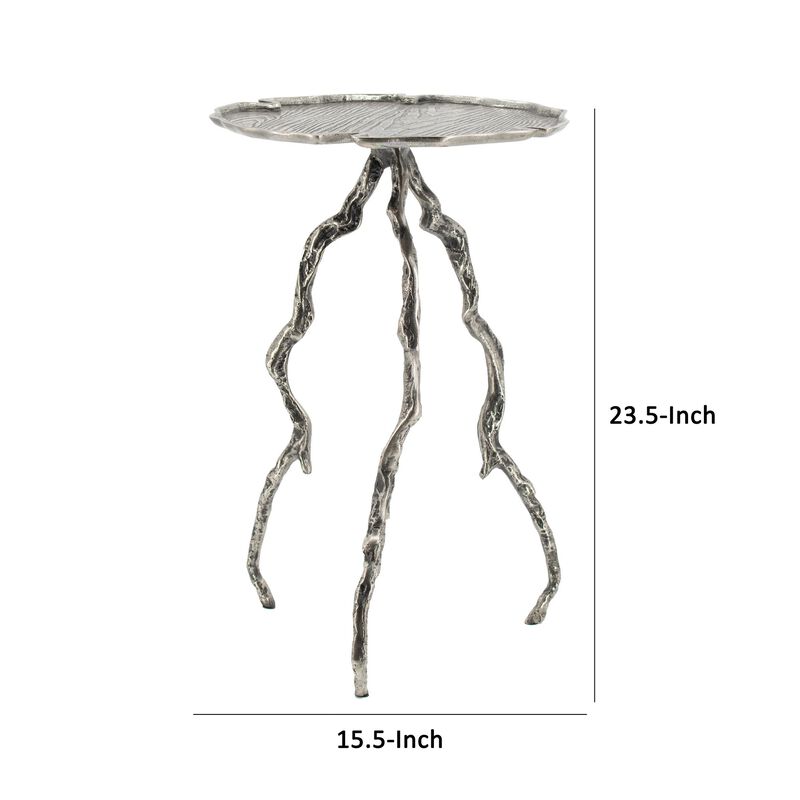 24 Inch Accent Table, Aluminum Metal Branch Tripod Legs, Antique Silver - Benzara