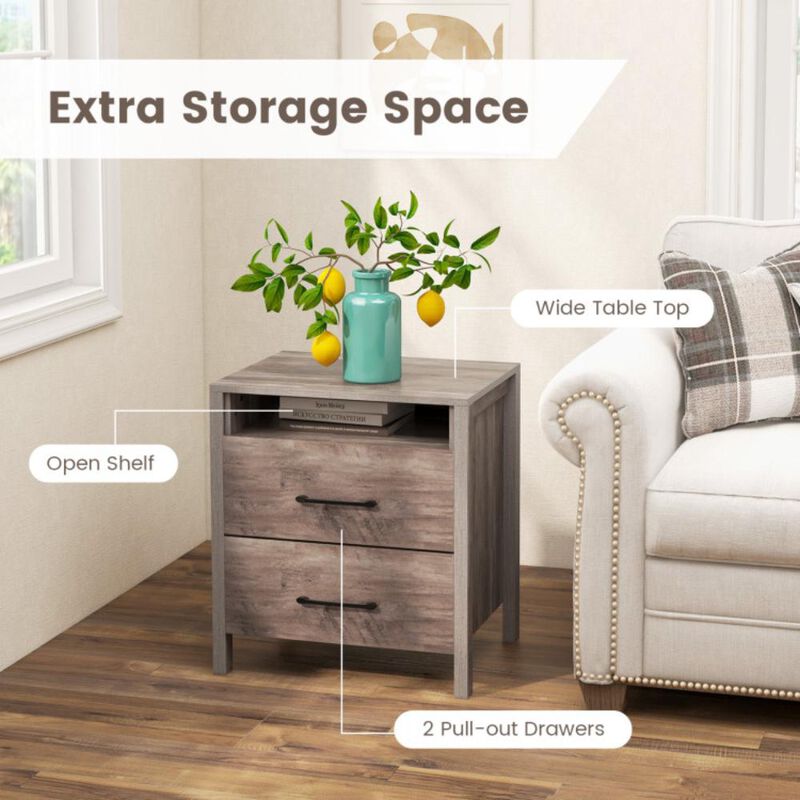 Hivvago Nightstand with 2 Drawers Farmhouse Bed Side Table with Open Storage Shelf