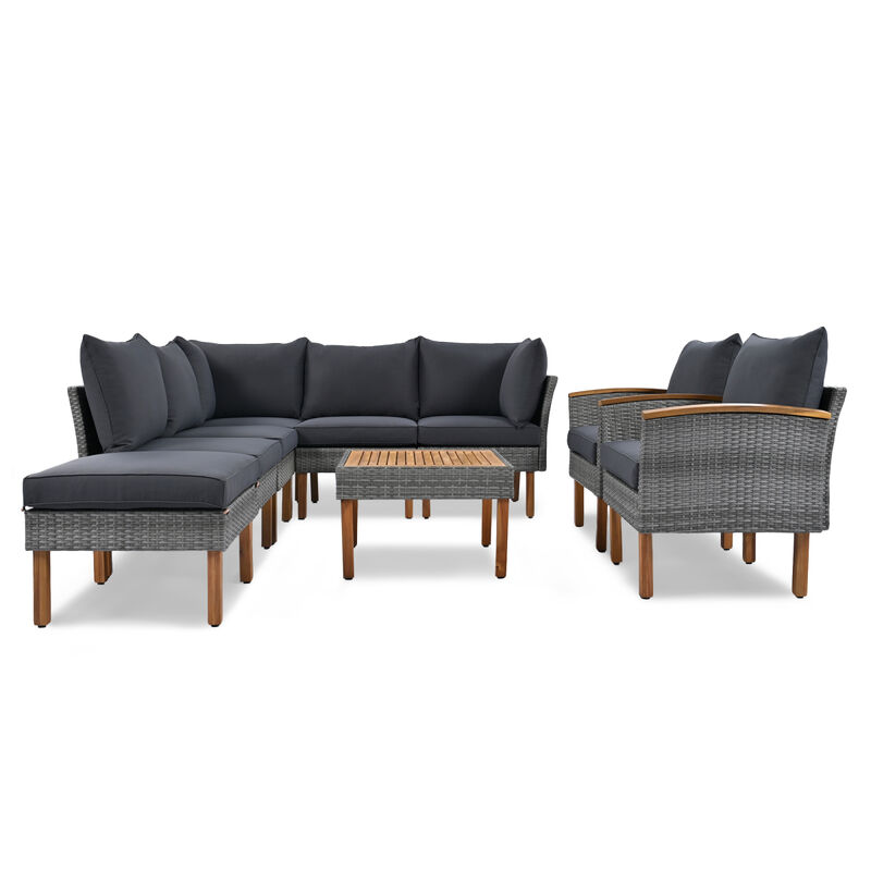 9-Piece Patio Rattan Furniture Set with Acacia Wood Legs