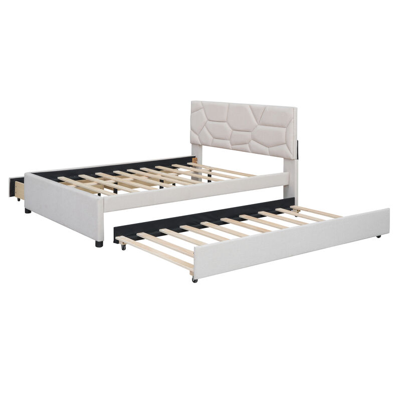 Merax Upholstered Platform Bed with Brick Pattern Headboard, with Twin XL Size Trundle and 2 drawers, Linen Fabric