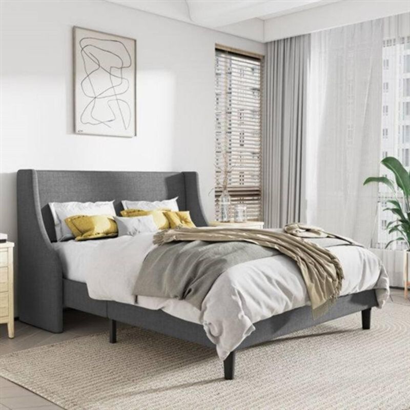 Hivvago King Size Upholstered Linen Blend Headboard Wingback Platform Bed