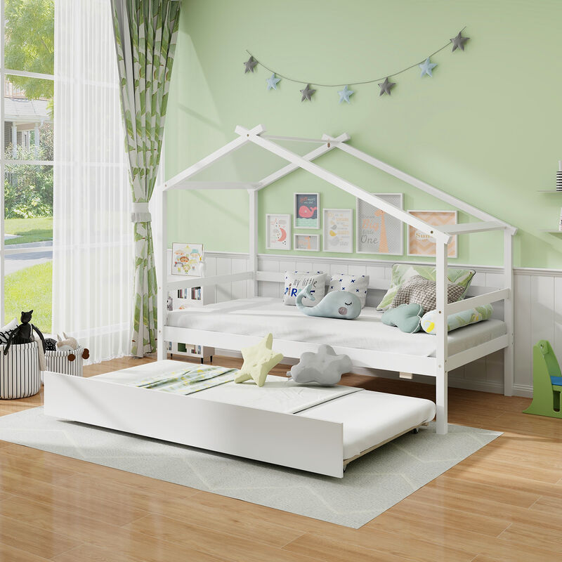 Kids Twin Size House Bed with Trundle and Roof Fun and Functional Sleep Space