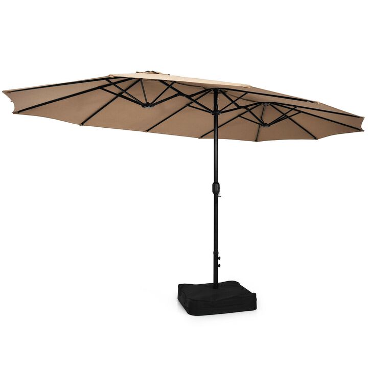 15-Foot Double-Sided Twin Patio Umbrella with Crank Handle and Base