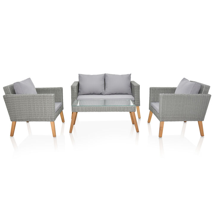 Resin Rattan and Wood Patio Set 4-Piece Conversation Furniture with Cushions