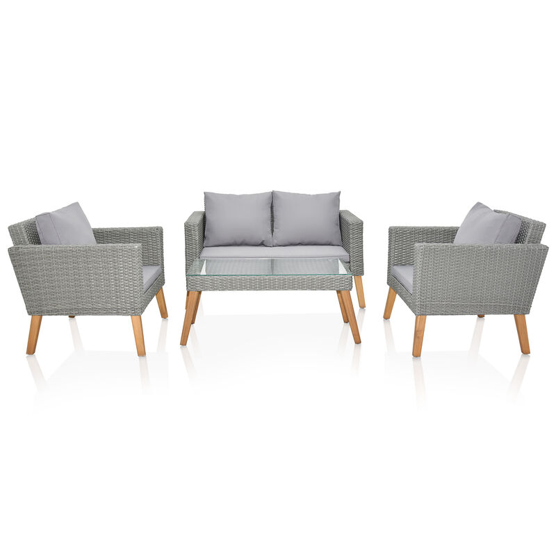 Resin Rattan and Wood Patio Set 4-Piece Conversation Furniture with Cushions