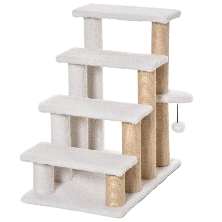 White Pet Climber: 4-Level Carpeted Cat Stairs with Scratching Posts