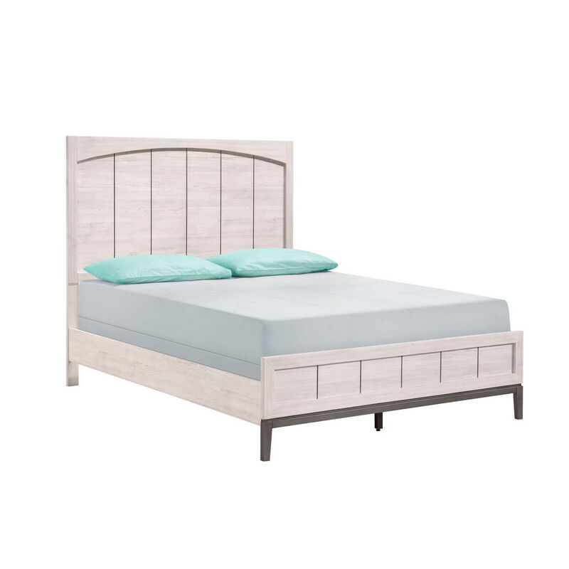 Benjara Vice Queen Size Bed, Panel Headboard Design, Washed Wood, Light Brown and Gray