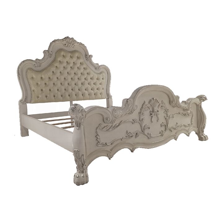 Ally California King Size Bed, White Faux Leather Victorian Carved - Benzara