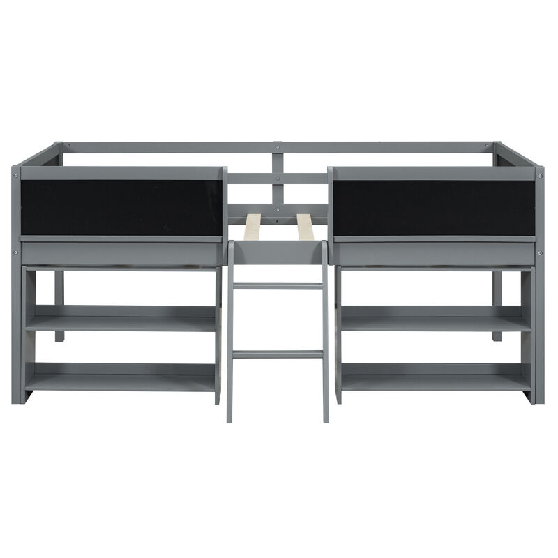 Twin Size Low Loft Bed With Two Movable Shelves And Ladder, With Decorative Guardrail Chalkboard