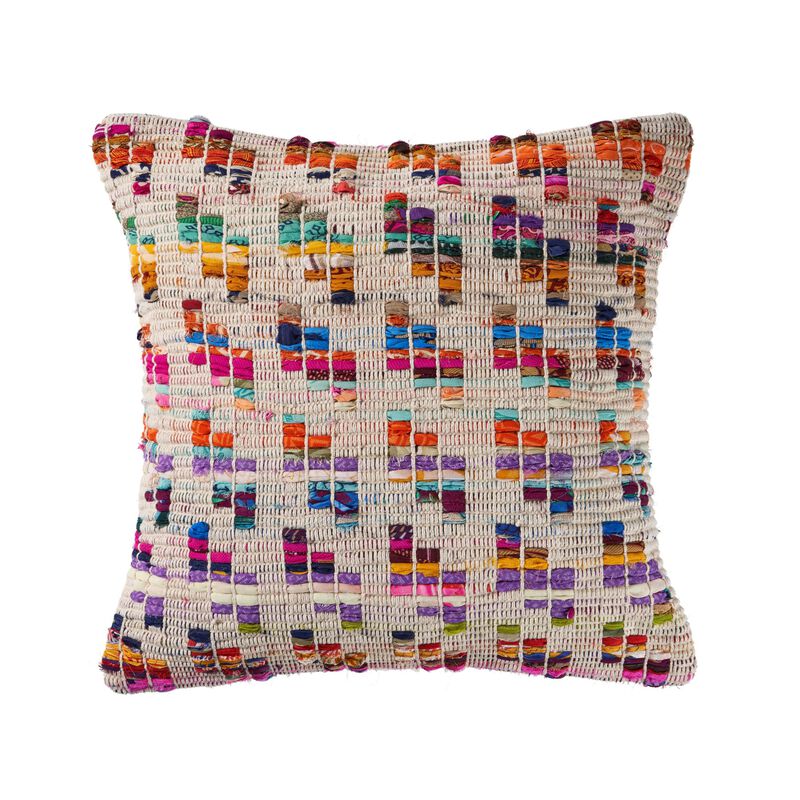 20" Beige and Pink Eclectic Chindi Square Throw Pillow