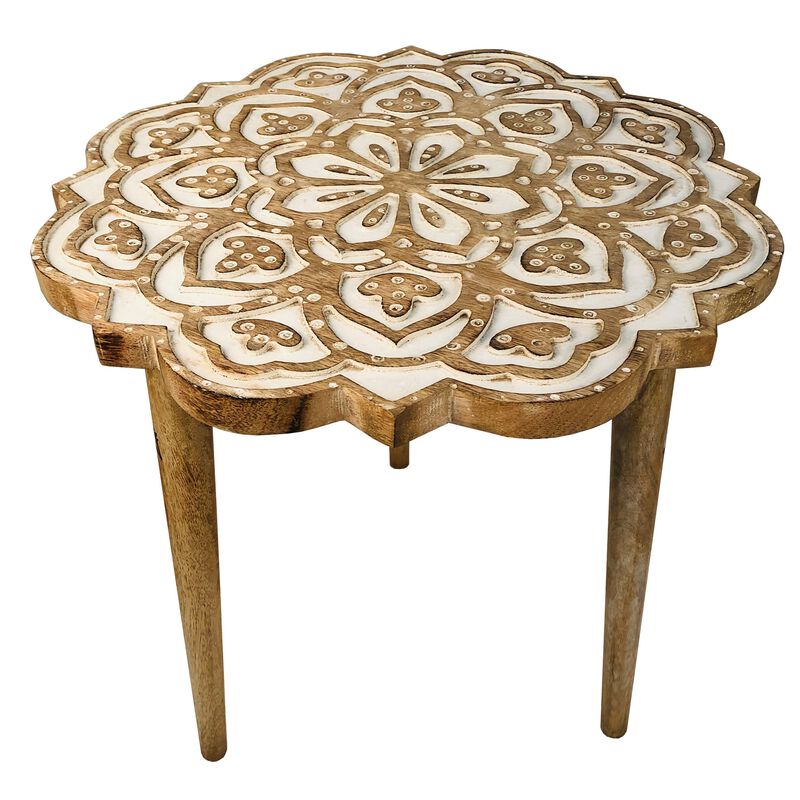 18 Inch Handcrafted Mango Wood Side End Table, Floral Carved Top, Tripod Base, Antique Brown, White-Benzara