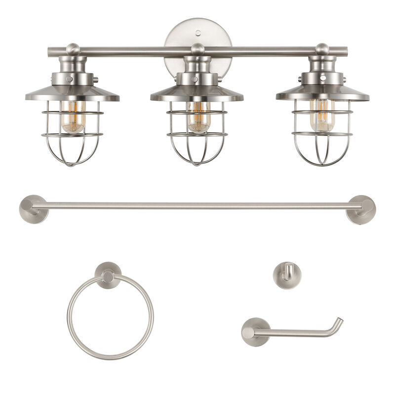 Ellis 24" 3-Light Industrial Farmhouse Vanity Light with Bathroom Hardware Accessory 5-Piece Set