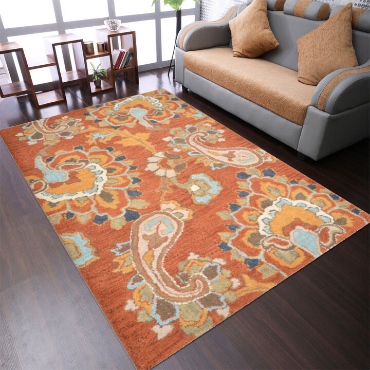 RUGSOTIC CARPETS HAND TUFTED WOOL ECO-FRIENDLY AREA RUGS  - 8'x10', Rectangle Shape, Rust, Floral Modern Design, High Pile Thick Handmade Anti Skid Area Rugs for Living Room, Bed Room (K00151)