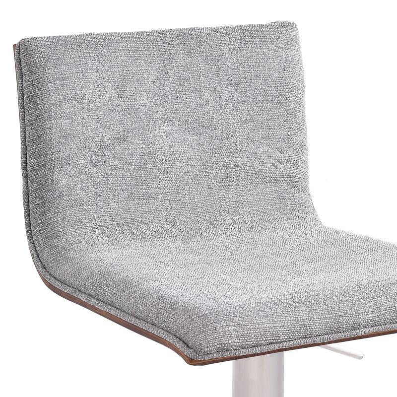 Crystal Adjustable Height Swivel Grey Fabric and Walnut Stool with Brushed Stainless Steel Base