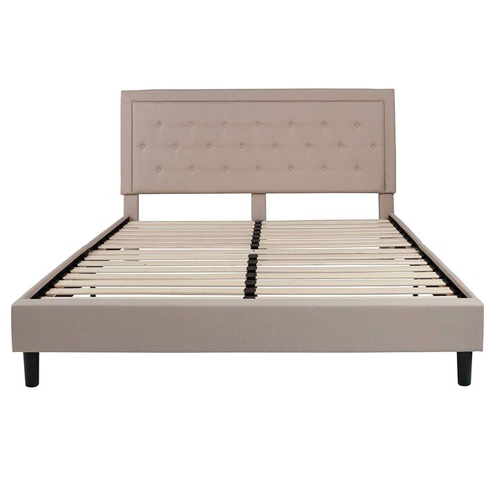 Hivvago King Beige Upholstered Platform Bed Frame with Button Tufted Headboard