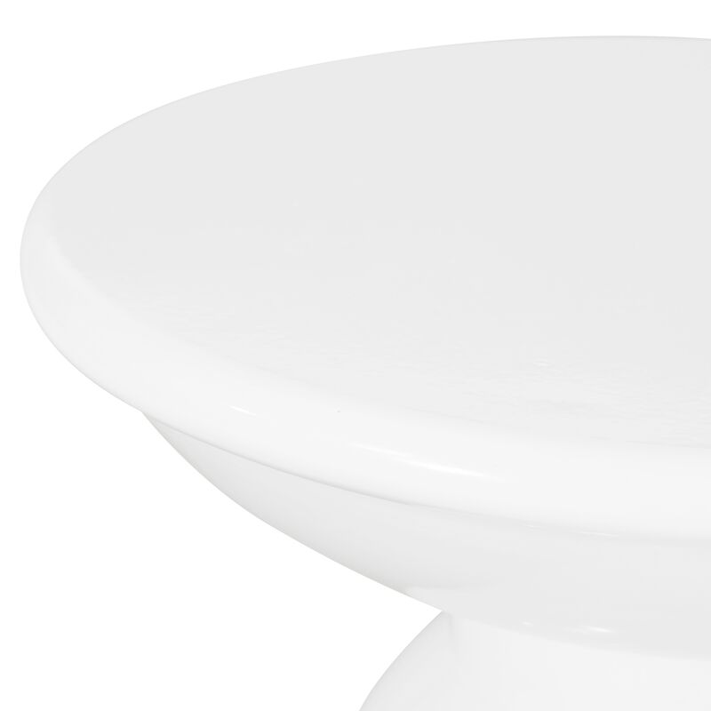 Suma Outdoor End Table, Round 15 Inch Top, Pedestal Base, White Iron - Benzara