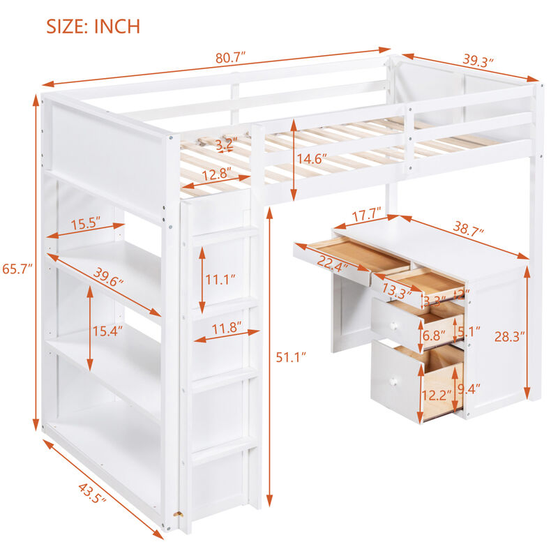 Twin Size Loft Bed With Ladder, Shelves, And Desk