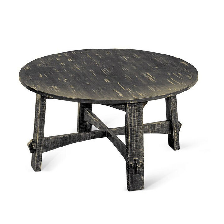 Rena Coffee Table, 36 Inch Round Top, Distressed Rustic Black Wood - Benzara