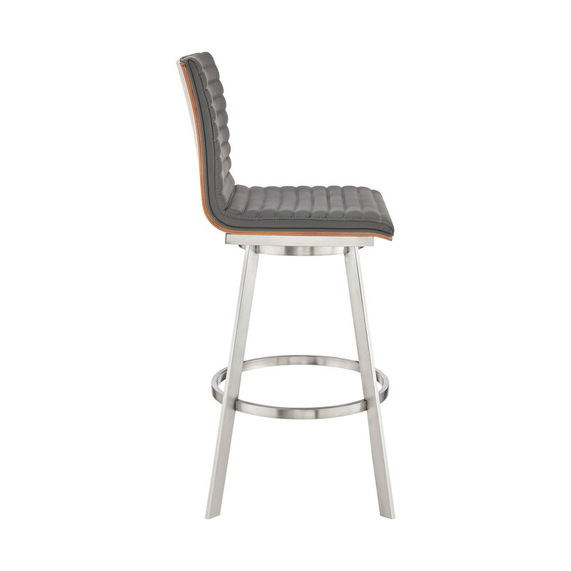 Jermaine Bar Height Swivel Bar Stool in Brushed Stainless Steel Finish and Gray Faux Leather
