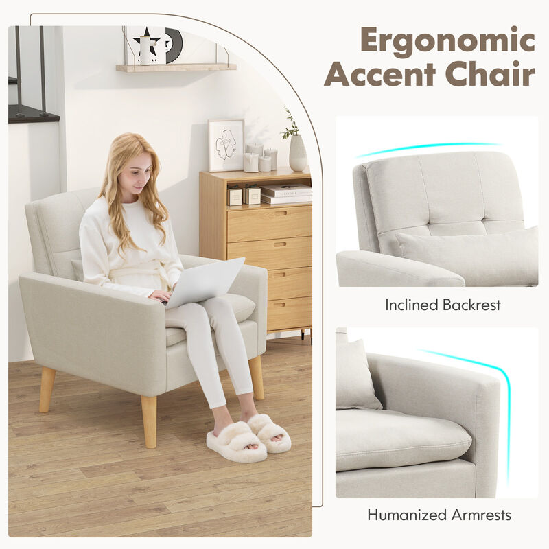 Accent Chair with Lumbar Pillow Natural Rubber Wood Legs Padded Cushions