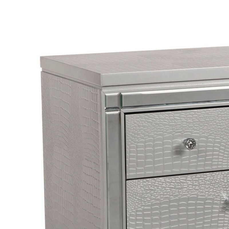 3 Drawer Wooden Nightstand with Mirror Accents and Faux Crystal Pulls, Gray - Benzara