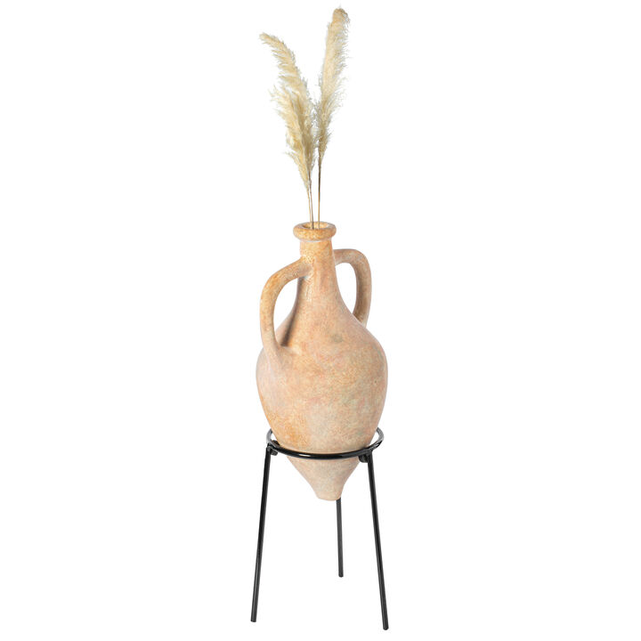 Antique Style Vase, Old Fashioned Magnificent Amphora, Decorative Large Tall Vase, Unique Vase on Slim Black Metal Tripod Stand, 21-Inch-Tall Beige Vase, Fill With Pampas Grass