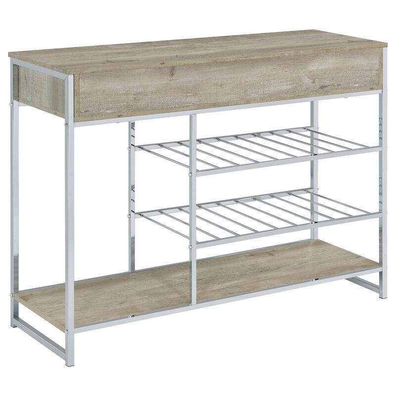 Mel 48 Inch Wine Rack Bar Sideboard, 2 Drawers, Shelves, Gray, Chrome Metal - Benzara