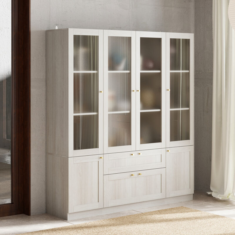 FUFU&GAGA Modern Wood Grain Bookcase with Adjustable Shelves and Lockable Drawers (63" W x 70.9" H x 15.7" D), Elegant Glass Doors and Wood Grain