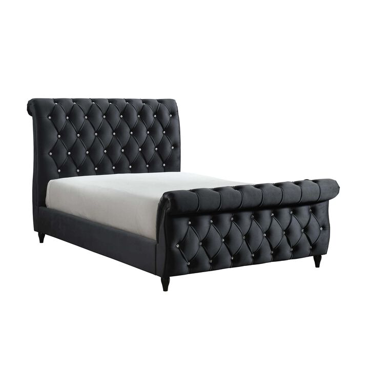 Ellowen Queen Size Bed, Diamond Tufted Black Upholstery, Panel Headboard - Benzara