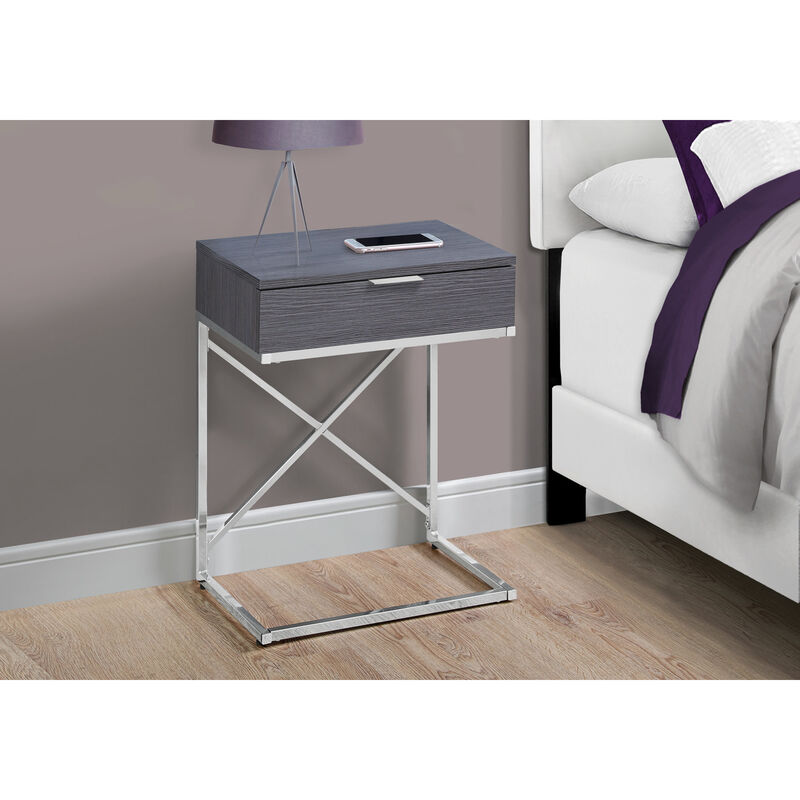 Monarch Specialties I 3474 Accent Table, Side, End, Nightstand, Lamp, Storage Drawer, Living Room, Bedroom, Metal, Laminate, Grey, Chrome, Contemporary, Modern