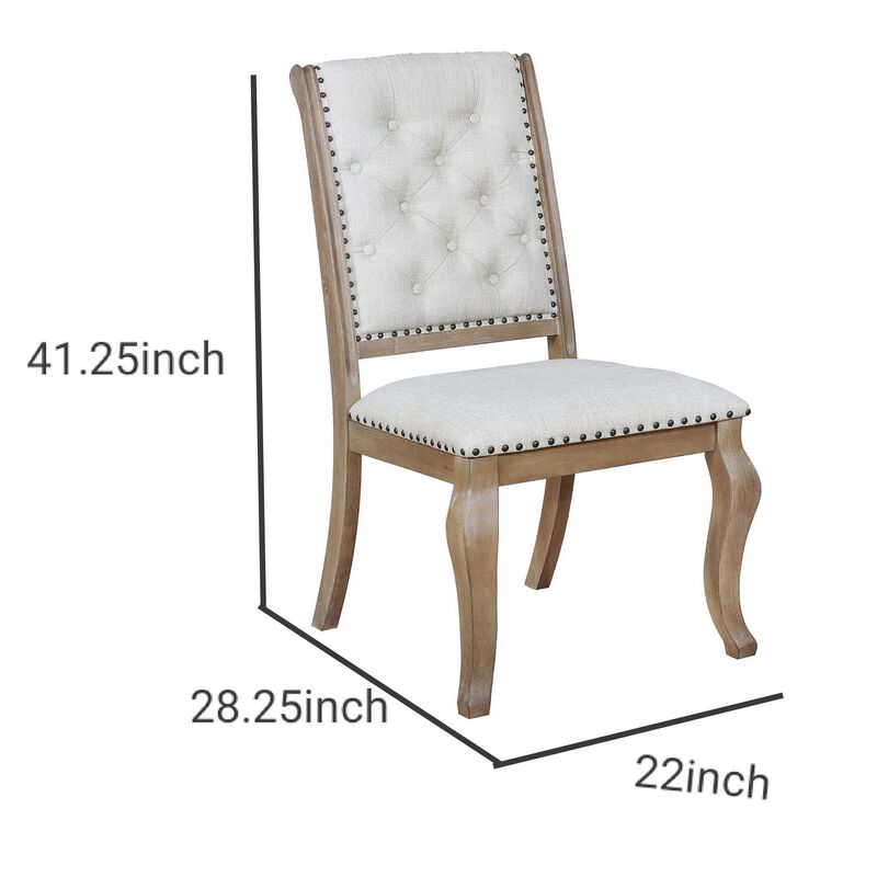 Button Tufted Fabric Side Chair with Cabriole Legs,Set of 2,Brown and Cream-Benzara