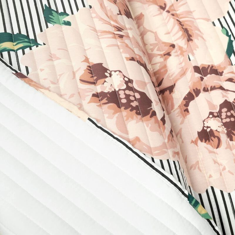 Hivvago Full/Queen Size Polyester Black White Striped Rose Floral 3 Piece Quilt Set