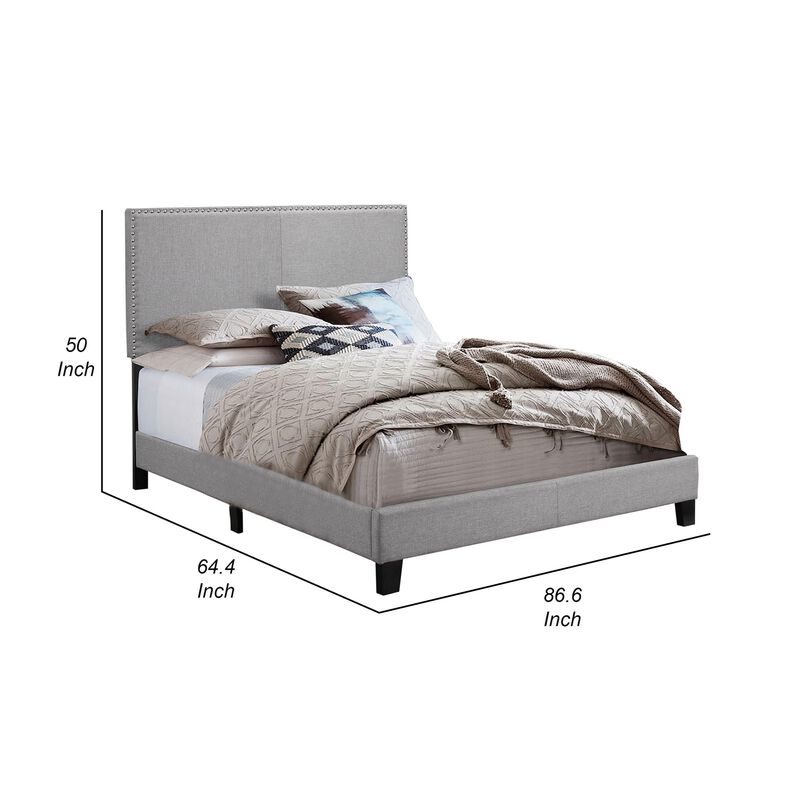 Shirin Queen Size Bed, Wood, Nailhead Trim, Upholstered Headboard, Gray - Benzara