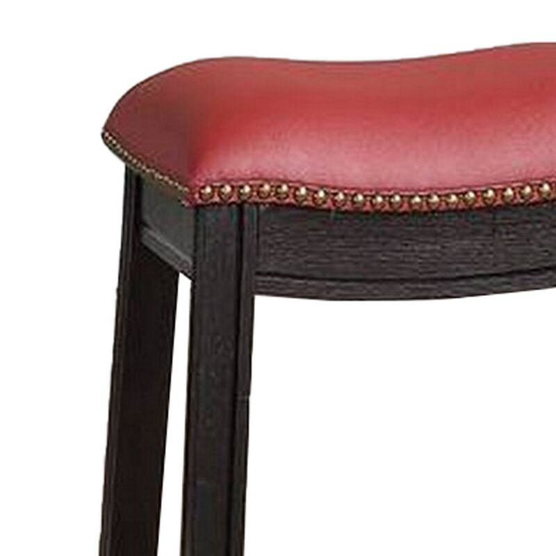18 Inch Wooden Stool with Upholstered Cushion Seat, Set of 2, Gray and Red-Benzara