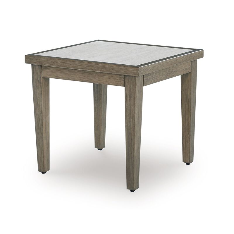 Inaya Outdoor Square End Table, Beige Sintered Stone, 24 Inch Brown - Benzara