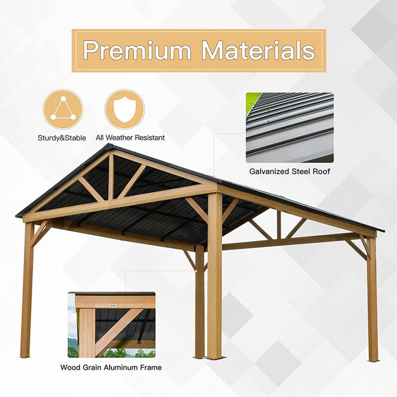 MONDAWE 12x14ft Hardtop Gazebo Outdoor Aluminum Gazebo with Galvanized Steel Gable Canopy for Patio Decks Backyard (Yellow-Brown)
