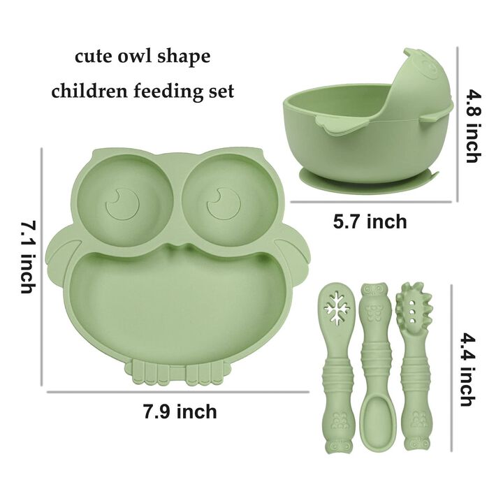 Owl-Shaped Silicone Baby Feeding Set – Suction Plate, Bowl & Spoons for Toddlers (Green).