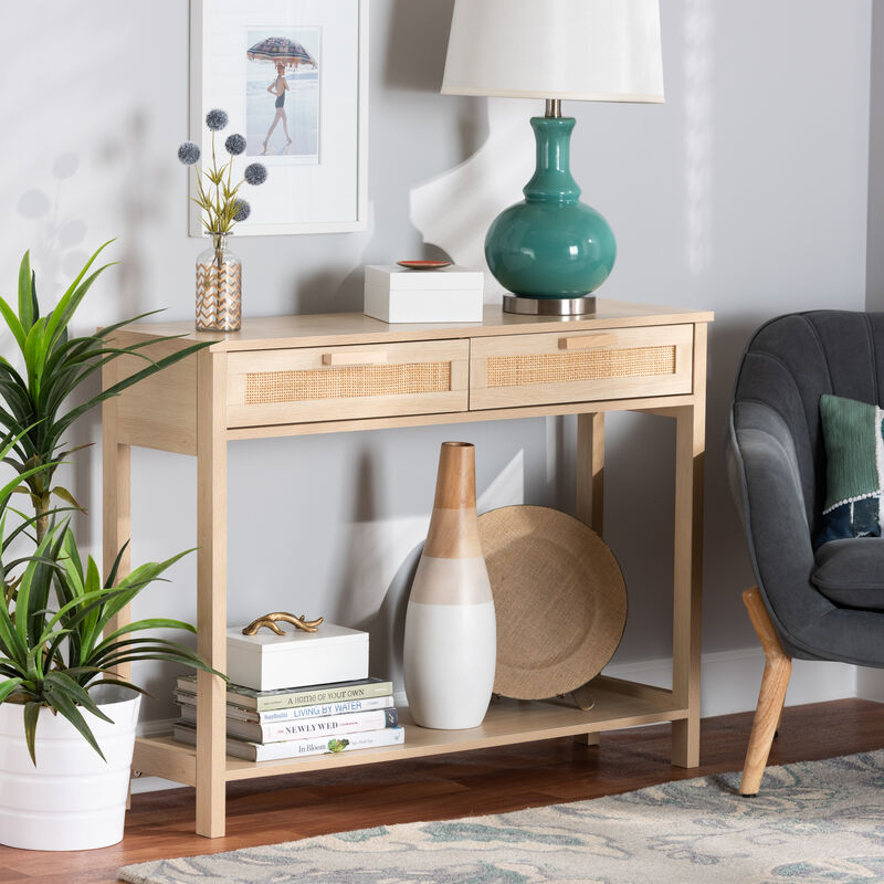 Baxton Studio Sebille Mid Century Light Brown Finished 2 Drawer Console Rattan Table
