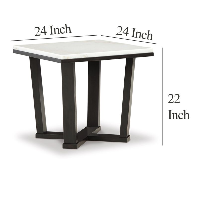 Fana Side End Table, White Marble Top, 24 Inch Square, Espresso Brown - Benzara
